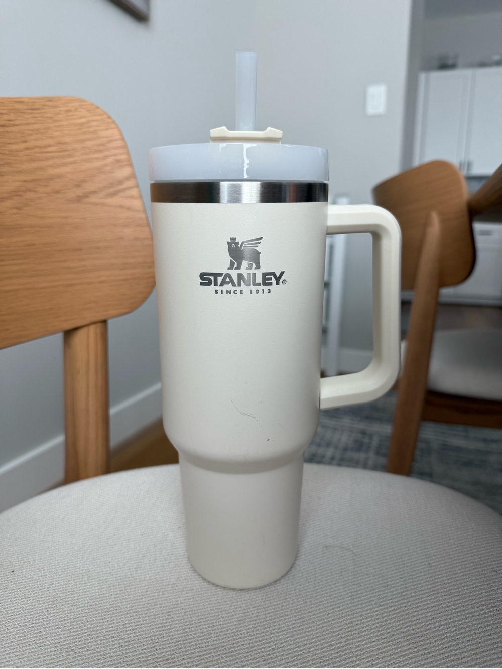 Stanley Cream Insulated Travel Mug with Handle and Straw